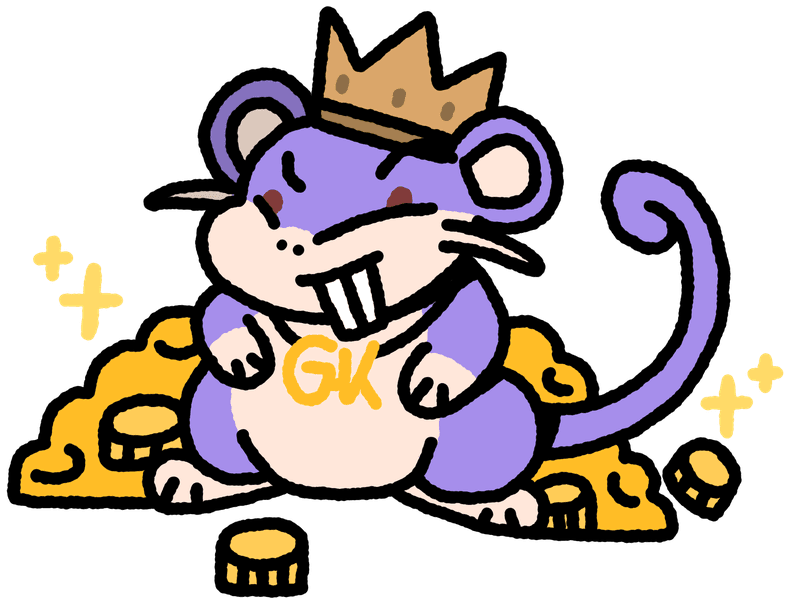 Rattata couronné assis sur des pièces du GK Club